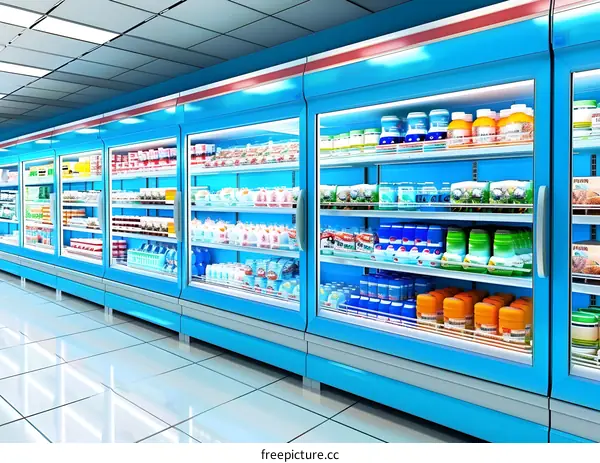 Blue Refrigerated Display Case In Supermarket