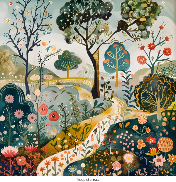 A Colorful Hand Drawn Illustration Of A Spring Garden With Flowers Trees And A Winding Path