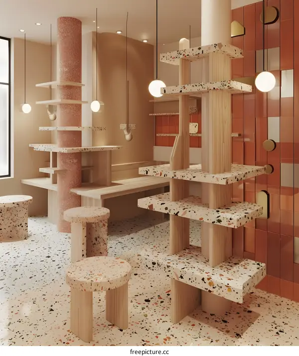 Modern Interior Design with Terrazzo Flooring and Wooden Shelving