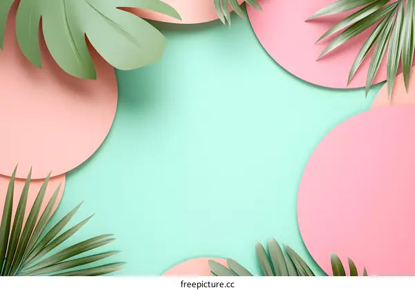 Tropical Leaves and Pastel Pink Circles on a Turquoise Background