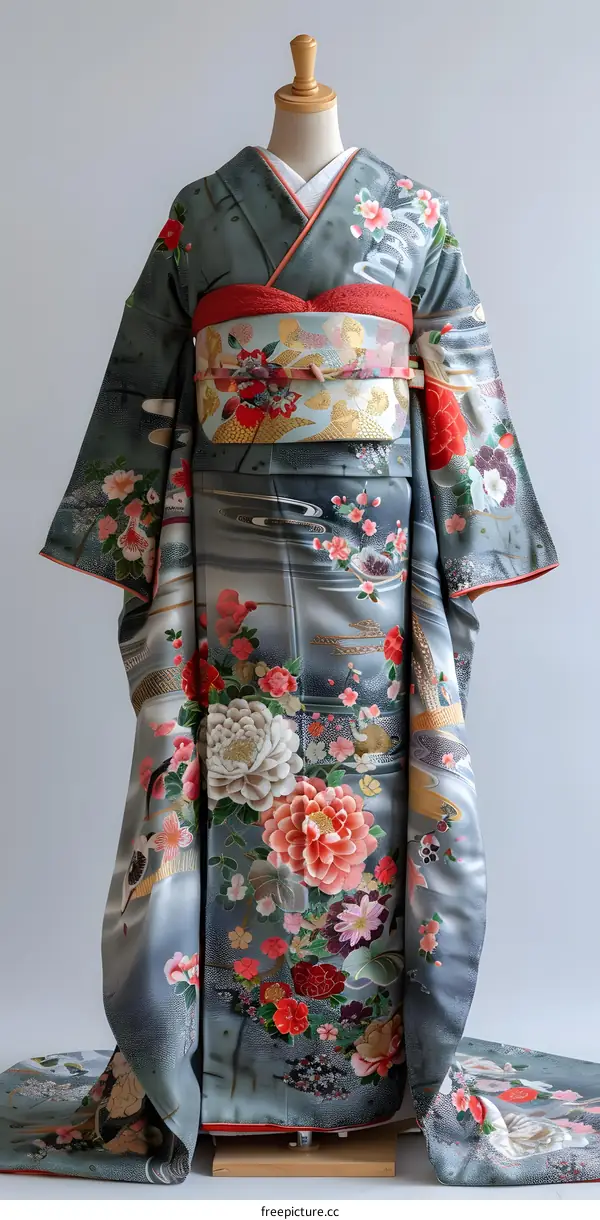 A kimono with a pattern of flowers and birds