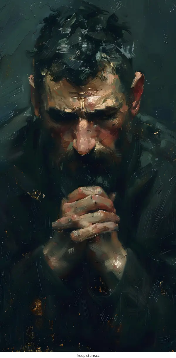 Portrait of a man with a beard and his hands clasped together