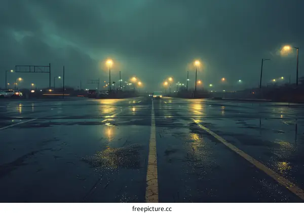 Rainy Night City Parking Lot with Illuminated Cars