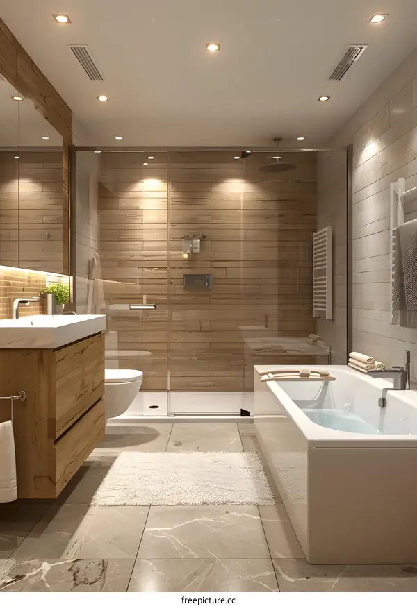 IKEA style bathroom design, including bathtub, shower, sink and toilet