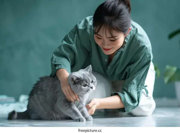 A young woman is petting a gray cat on the floor