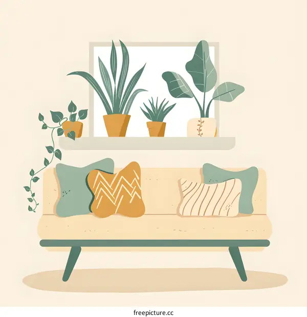 Living Room Sofa With Plants Illustration