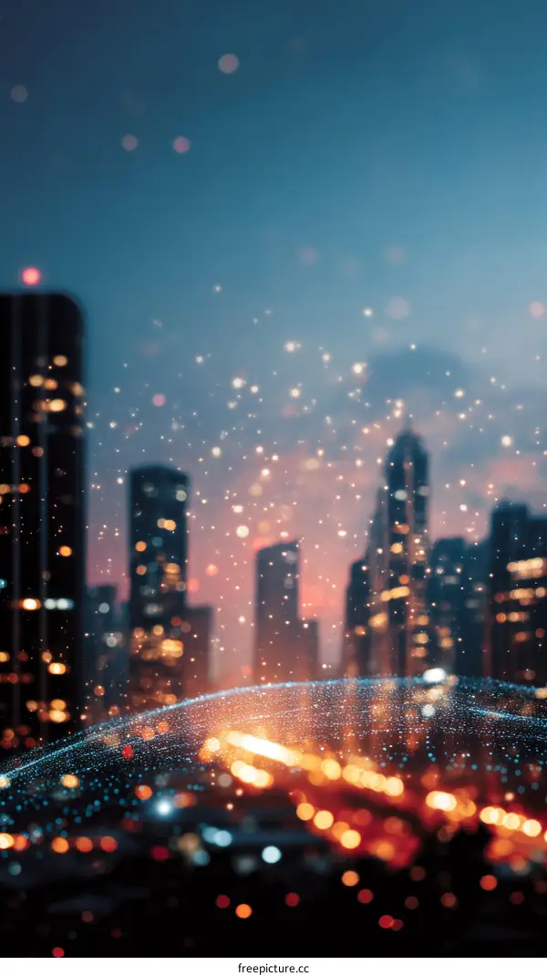 Cityscape at Night with Sparkling Particles