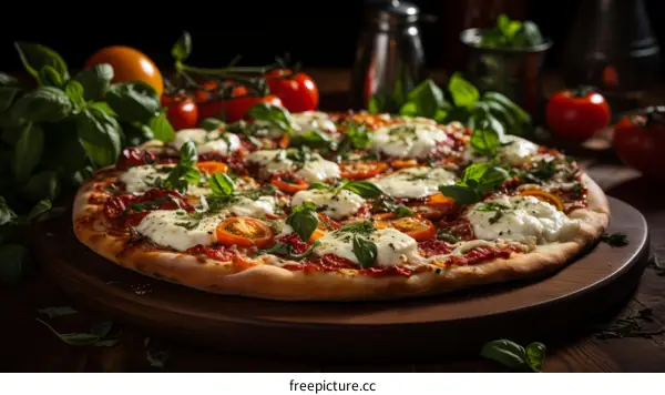 A delicious pizza with fresh tomatoes, basil, and mozzarella cheese
