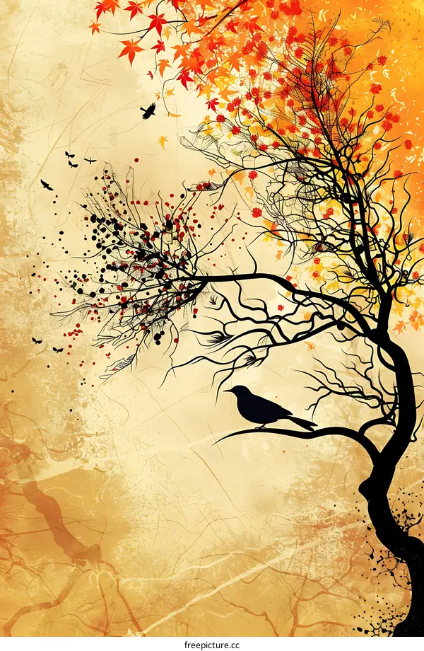Silhouette of a Tree With Birds in Autumn Colors