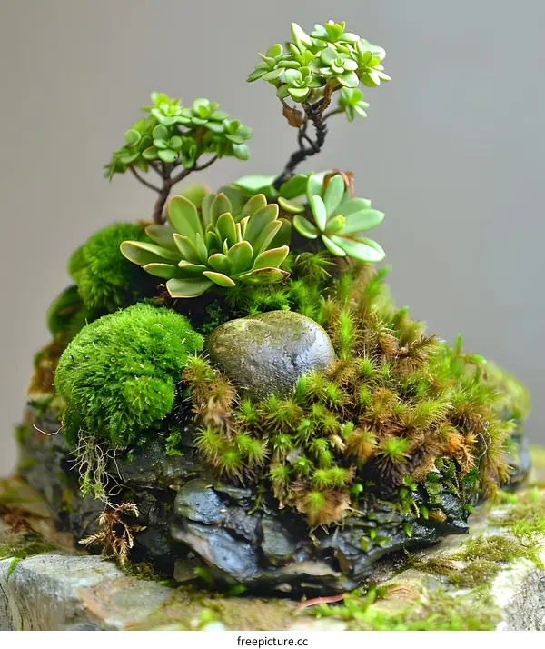 Green Miniature Landscape With Succulents and Moss