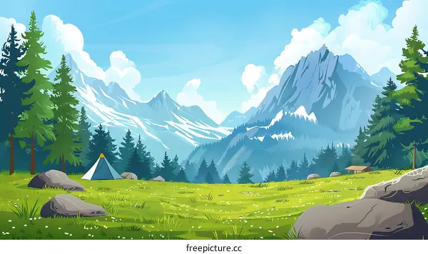 Mountain Landscape with Green Forest and a Tent