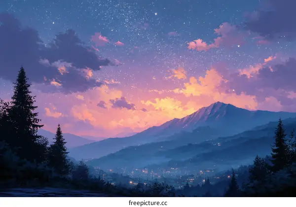 Starry Mountain Sunset View Illustration