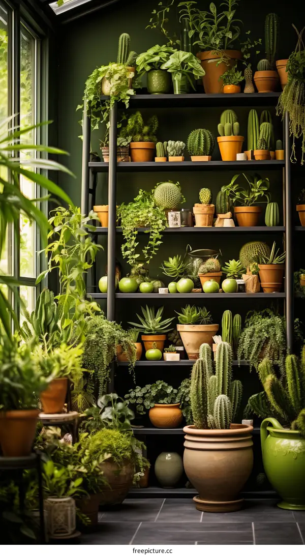 Indoor plants and cacti in a greenhouse