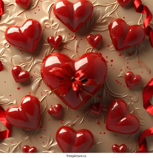 A red heart-shaped candy box with a red ribbon bow and many different sizes of red heart-shaped candies