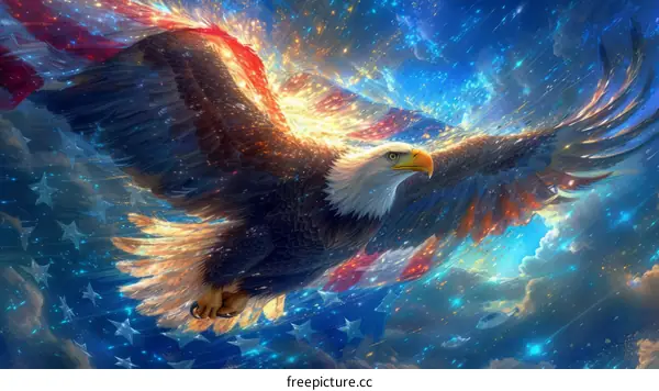 A majestic bald eagle soars through a starry night sky