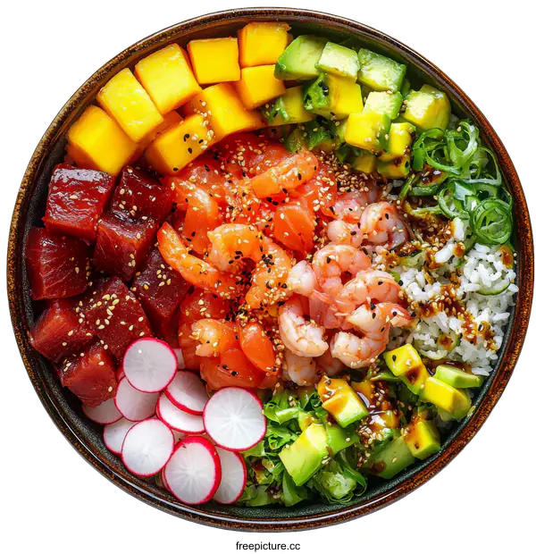 [Transparent Background PNG]Delicious Hawaiian Poke Bowl with Salmon, Tuna, Shrimp, and Mango