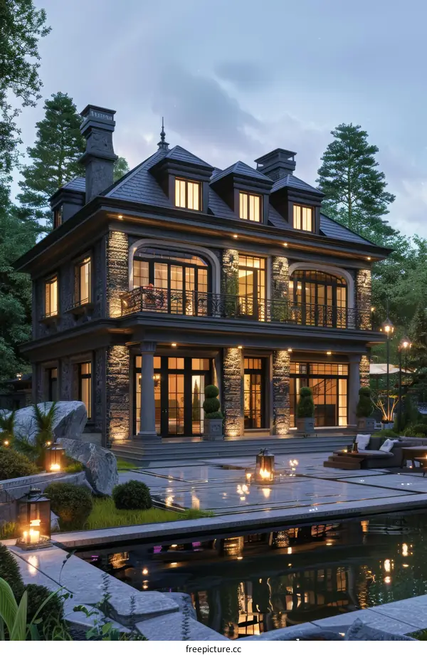 Luxury Mansion Evening Scene with Pool and Landscaping