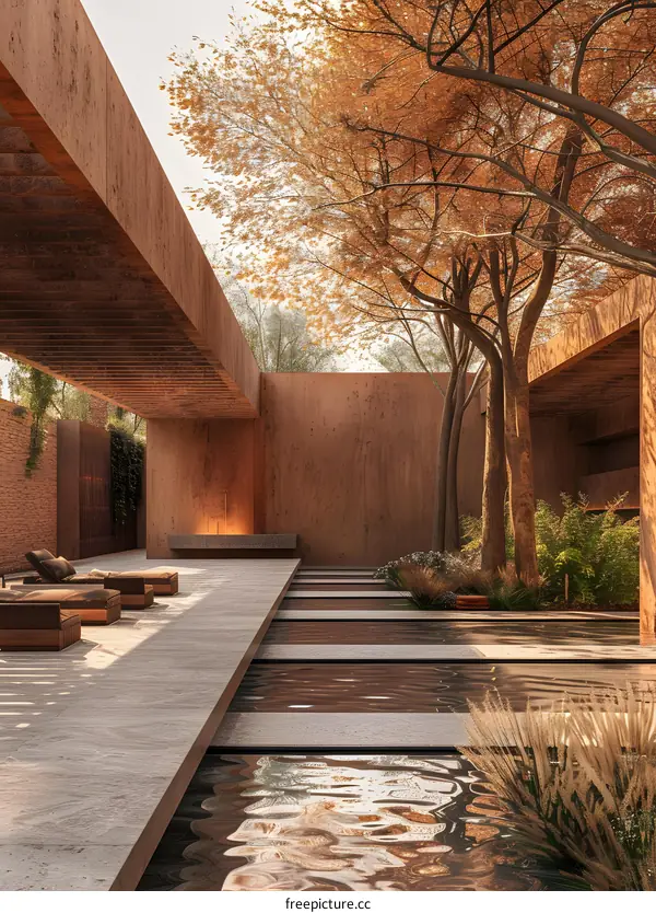 Modern Minimalist Architecture with Water Feature and Trees