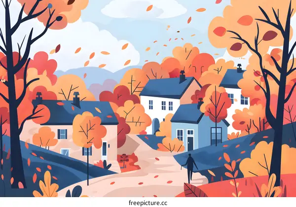 Autumn Landscape with a Couple Walking in a Village