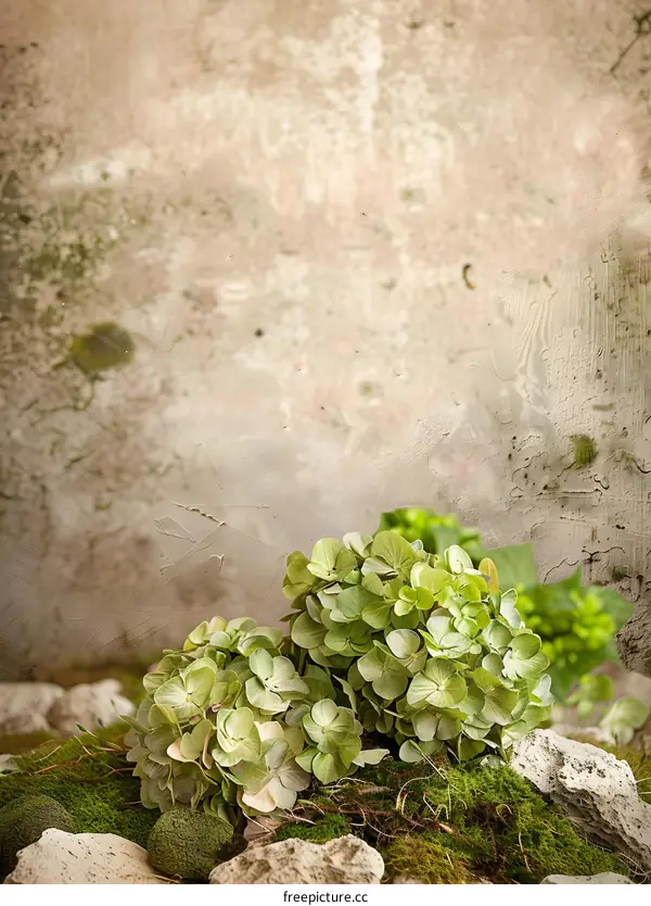 Vintage Background With Green Flowers On Stones And Moss