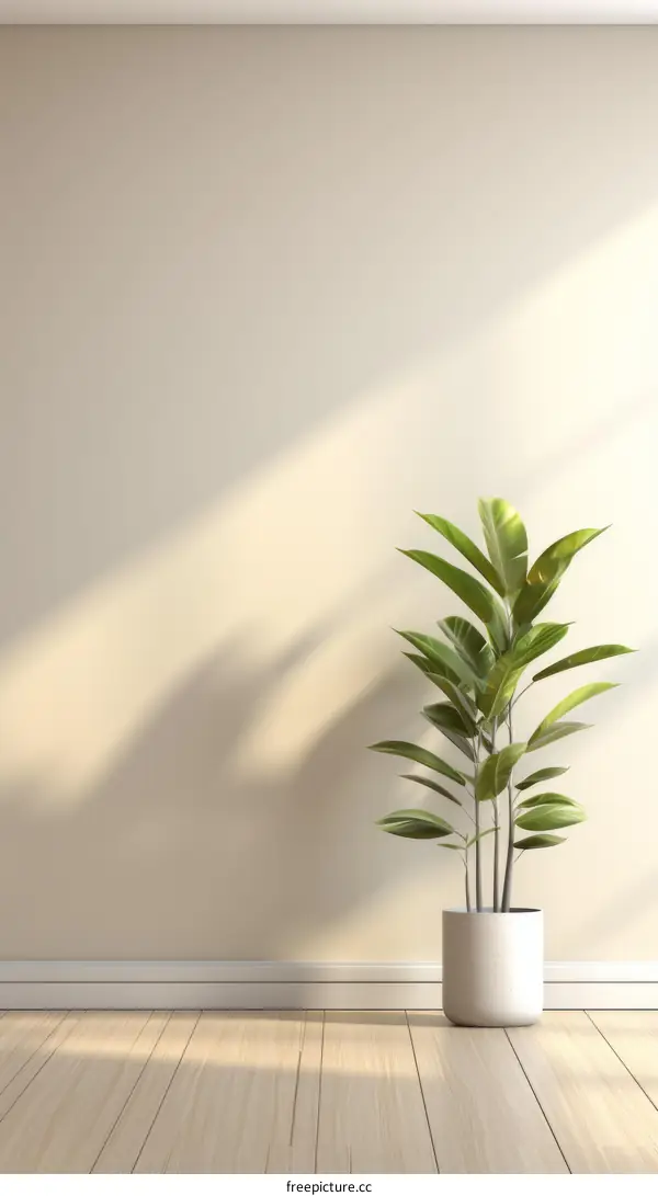 Large potted floor plant in front of a beige wall