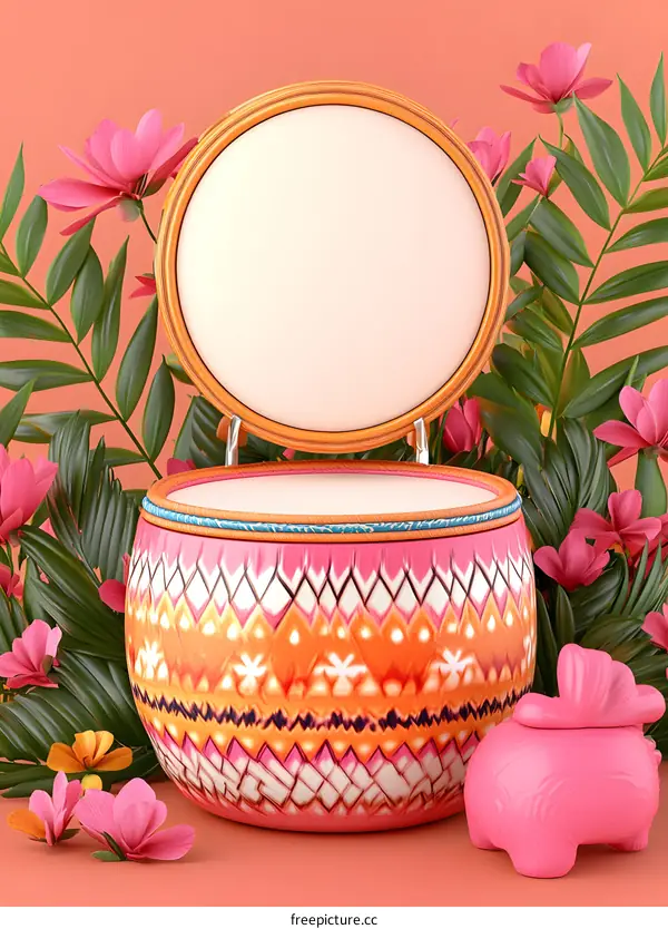 Pink And Orange Patterned Jar With Lid Open On A Pink Background