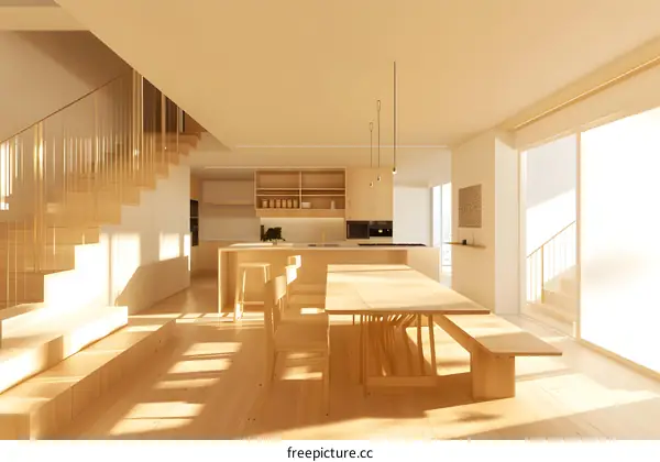 Modern Minimalist Interior Design with Wooden Kitchen and Dining Area
