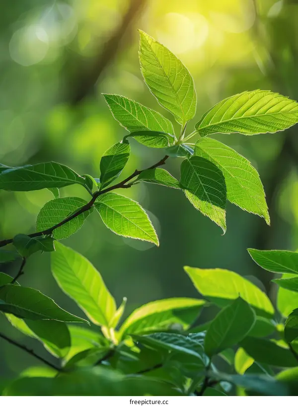 Close-up of green leaves with sunlight shining through