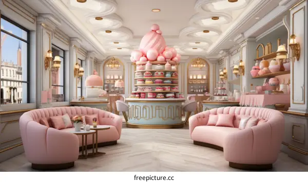 Pink and white luxury bakery shop interior with cakes and seating