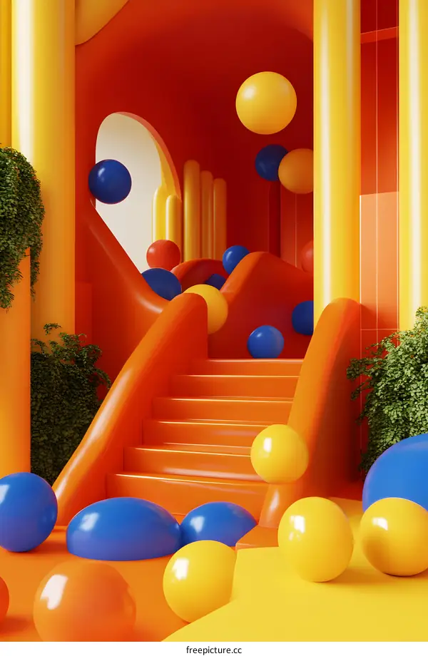 Abstract 3D  Minimalist  Orange and Yellow Room Interior Design With Colorful Spheres