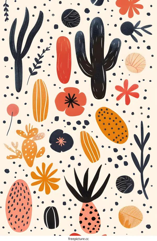 Abstract Seamless Pattern of Cactus and Flowers