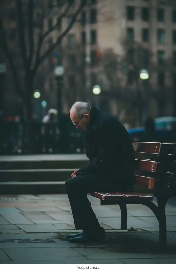 Lonely Man Sitting on a Bench in the City