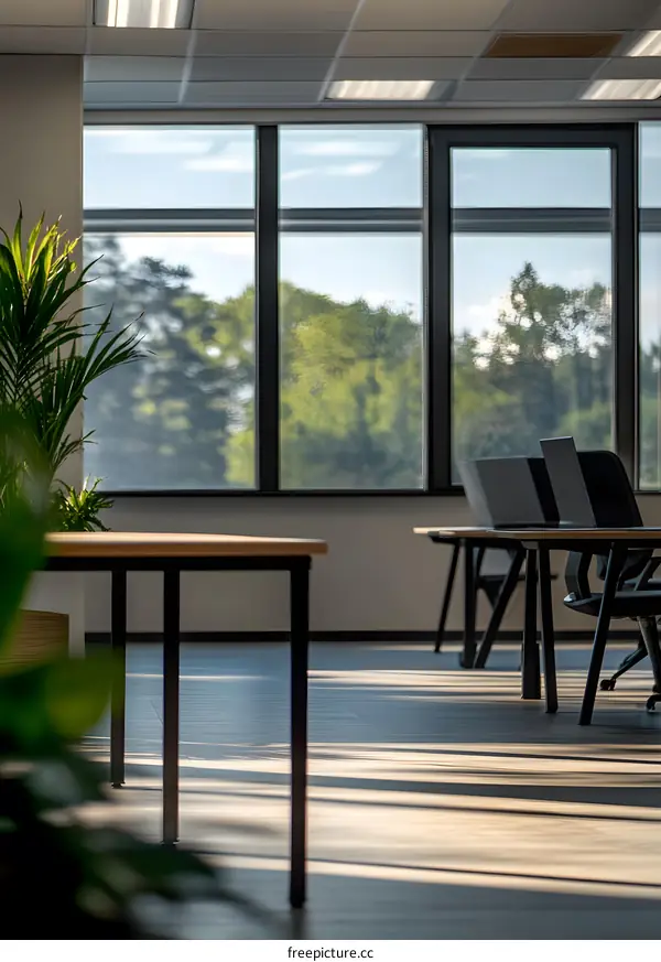 Modern Office Interior With Large Windows and Sunbeams
