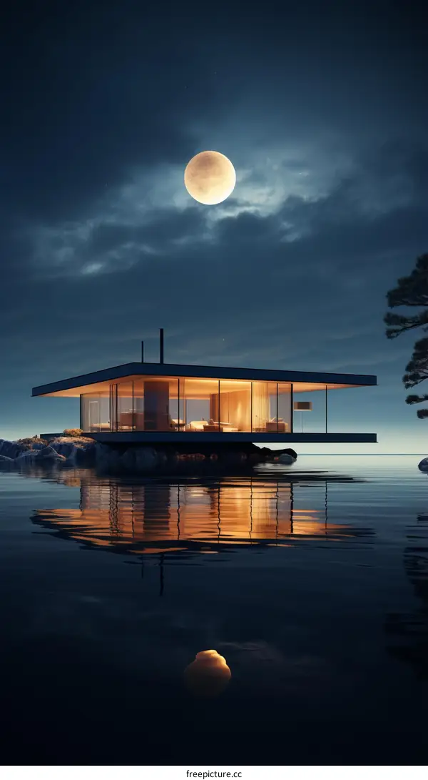 A modern house on the lake with a beautiful moon in the background