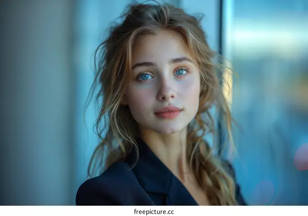 Portrait of a beautiful young woman with blue eyes and blonde hair