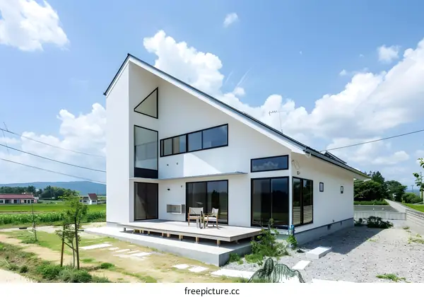 Modern White House with a Sharp Roofline and Large Windows