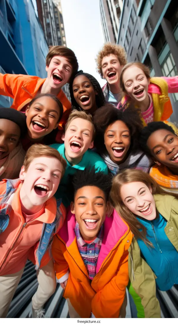 A group of diverse teenagers are laughing and smiling together in a city.