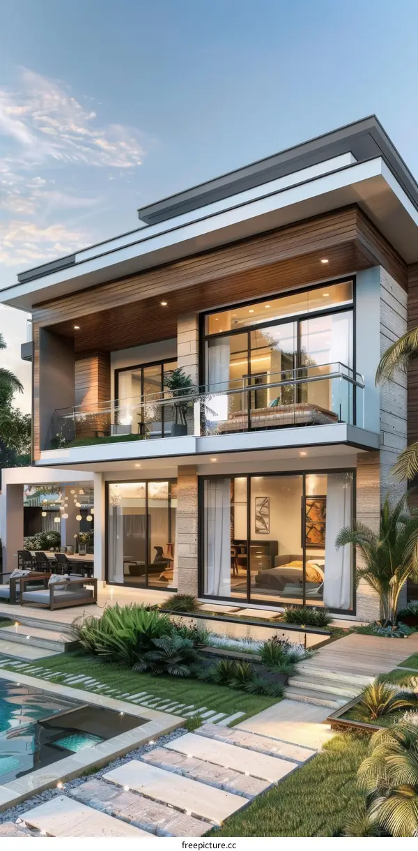 Modern Two-Story House Exterior Design Illustration