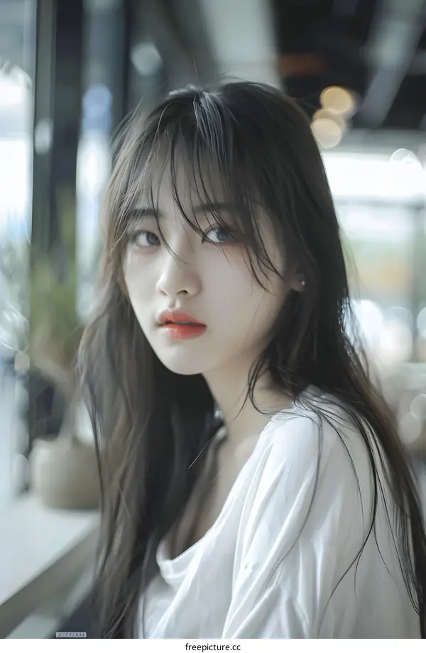 Portrait of a Young Asian Woman with Long Black Hair