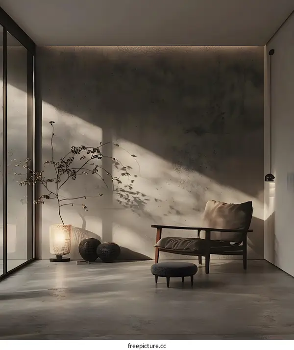 Minimalist Living Room Interior Design with Concrete Wall and Wooden Chair