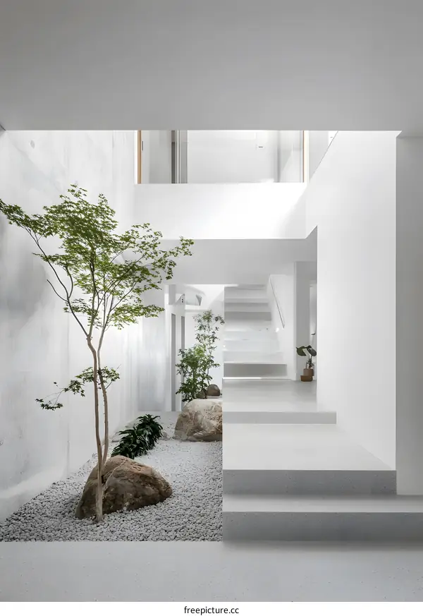 Modern Minimalist Interior Design with Stone and Plants