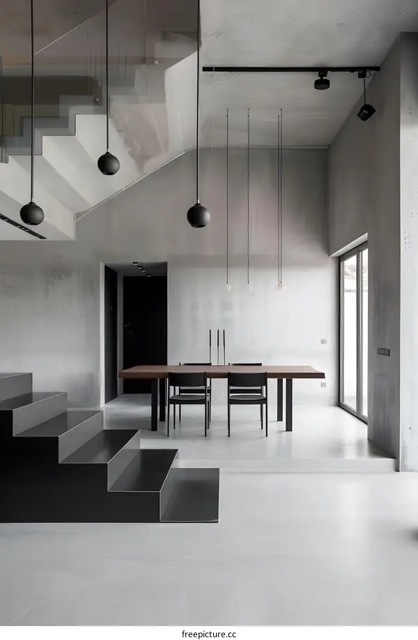 Modern Concrete Interior Design with Hanging Lights and Black Stairs