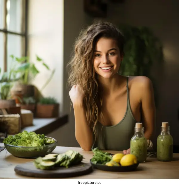 Portrait of a beautiful young woman with long brown hair sitting at a table with a bowl of salad, avocado, lemon, and two bottles of green smoothie.