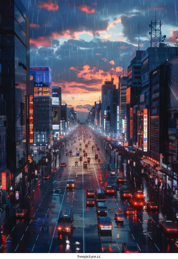 Rainy City Night Skyline with Lights Reflections