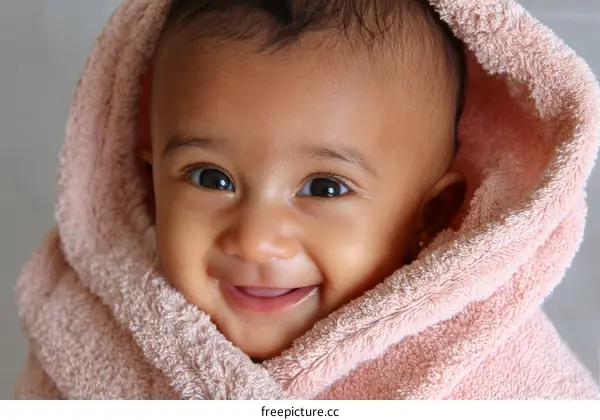 Adorable Baby Girl Wrapped in a Soft Pink Towel