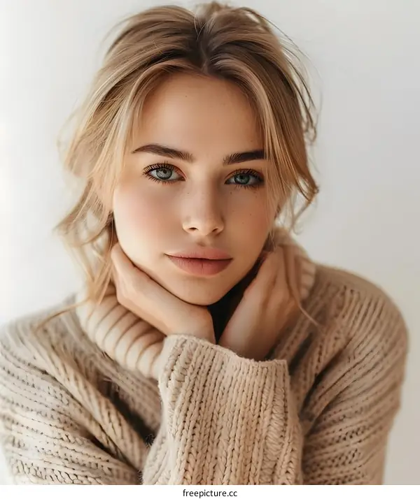 Young Woman with Freckles and Beige Sweater