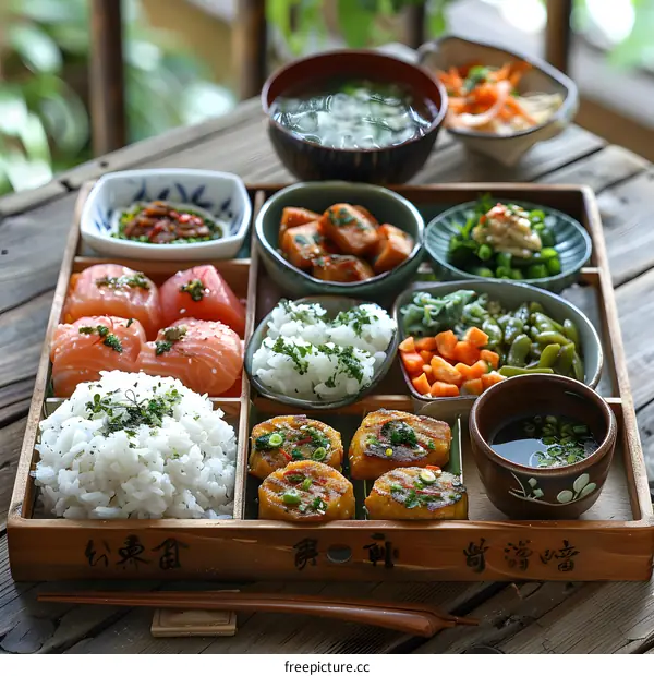 A delicious and healthy meal with rice, vegetables, and fish