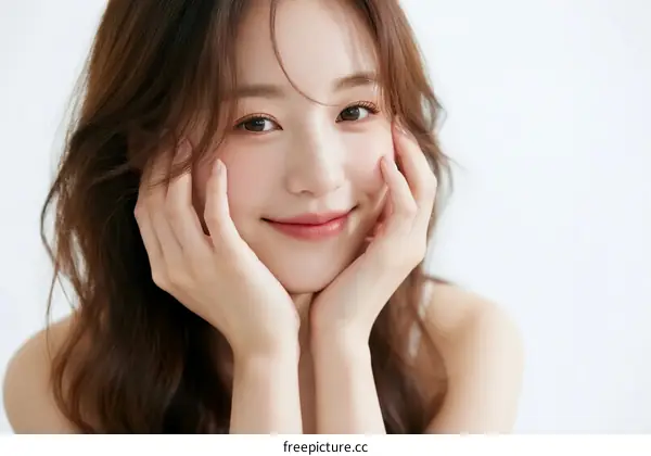 A young woman with long wavy hair smiling and holding her cheeks