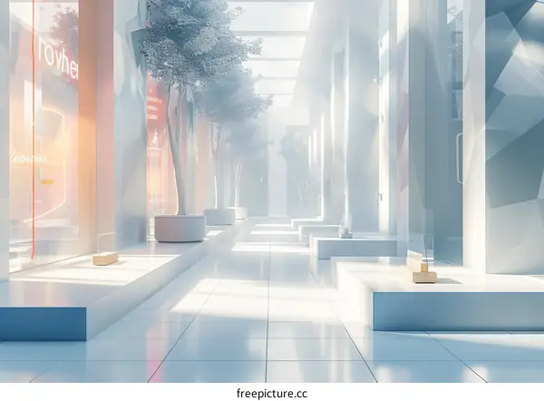 An empty futuristic city street with glass windows and white walls