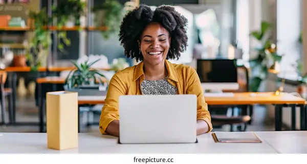 African American Woman Working on Laptop in Modern Office